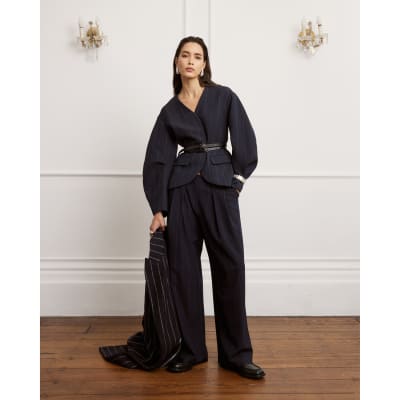 Navy Pinstripe Cocoon Sleeve Blazer