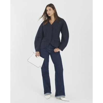 Navy Pinstripe Cocoon Sleeve Blazer