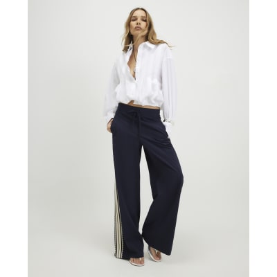 Navy Pinstripe Crochet Side Stripe Joggers