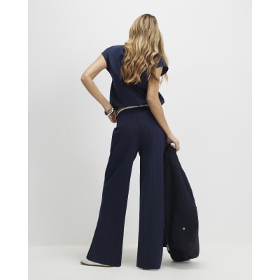 Navy Pinstripe Drawstring Wide Leg Trousers