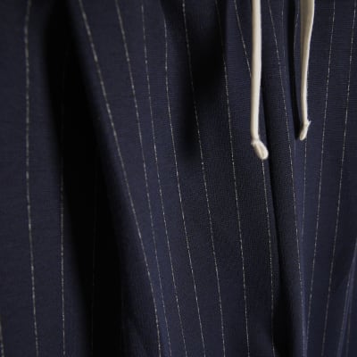 Navy Pinstripe Drawstring Wide Leg Trousers