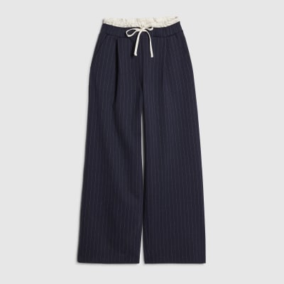 Navy Pinstripe Drawstring Wide Leg Trousers