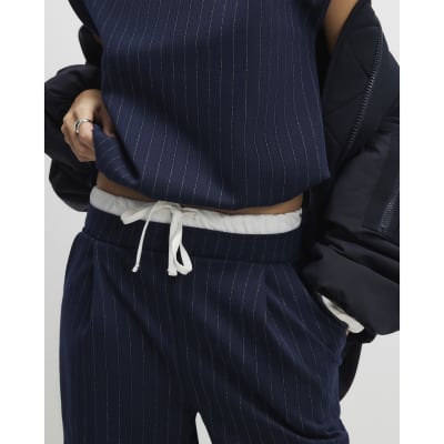Navy Pinstripe Drawstring Wide Leg Trousers