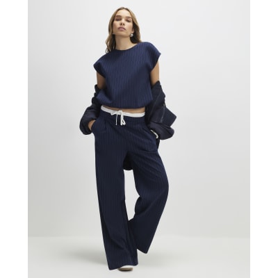 Navy Pinstripe Drawstring Wide Leg Trousers