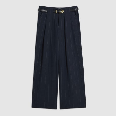 Navy Pinstripe Low Waist Belted Trousers