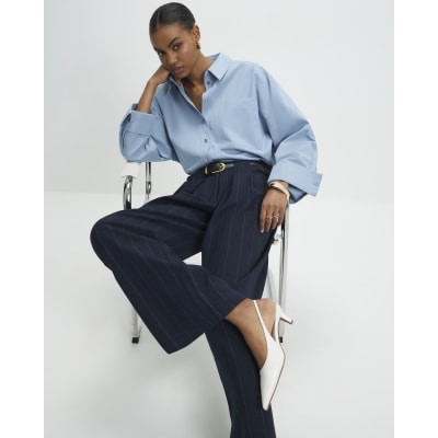 Navy Pinstripe Low Waist Belted Trousers