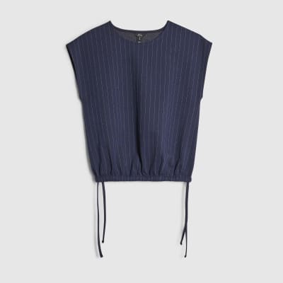 Navy Pinstripe Tie Side Bubble Hem Top