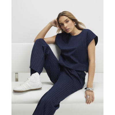Navy Pinstripe Tie Side Bubble Hem Top