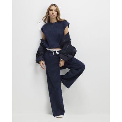 Navy Pinstripe Tie Side Bubble Hem Top