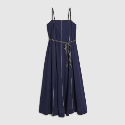 Navy Piped Rope Belt Midi Dress
