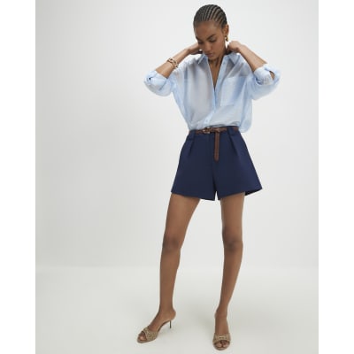 Navy Plaited Belt Tailored Shorts