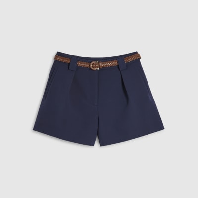 Navy Plaited Belt Tailored Shorts