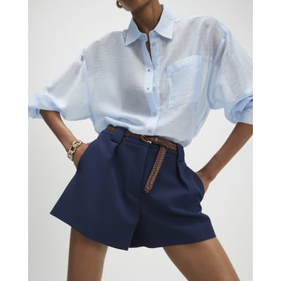 Navy Plaited Belt Tailored Shorts