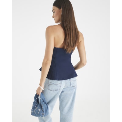 Navy Pleated Halter Neck Waistcoat