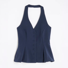 Navy Pleated Halter Neck Waistcoat