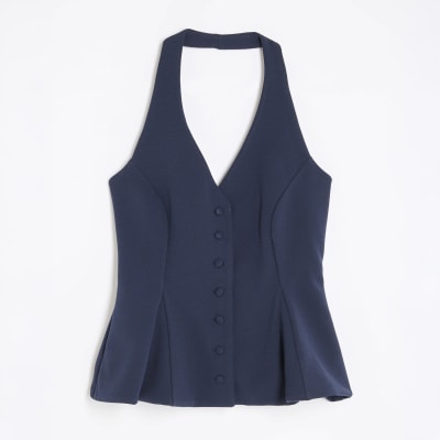 Navy Pleated Halter Neck Waistcoat