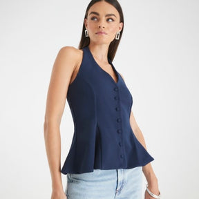 Navy Pleated Halter Neck Waistcoat