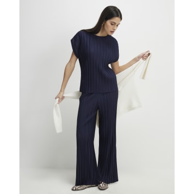 Navy Plisse Short Sleeve Top