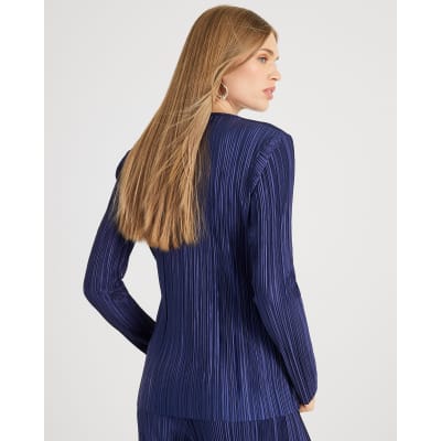 Navy Plisse Trim Long Sleeve Top