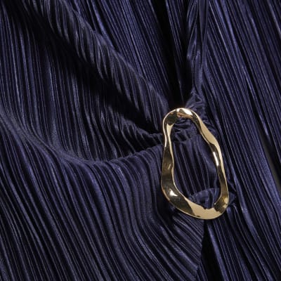 Navy Plisse Trim Long Sleeve Top