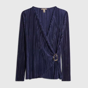 Navy Plisse Trim Long Sleeve Top