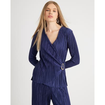 Navy Plisse Trim Long Sleeve Top