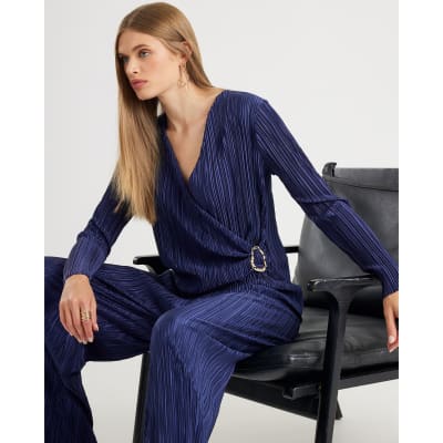 Navy Plisse Trim Long Sleeve Top