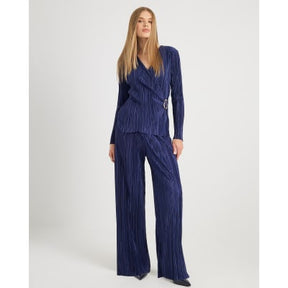 Navy Plisse Trim Long Sleeve Top