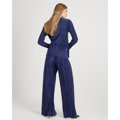 Navy Plisse Wide Leg Trousers