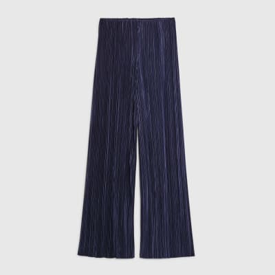Navy Plisse Wide Leg Trousers