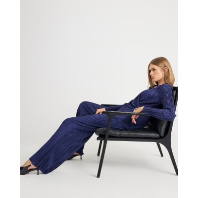 Navy Plisse Wide Leg Trousers