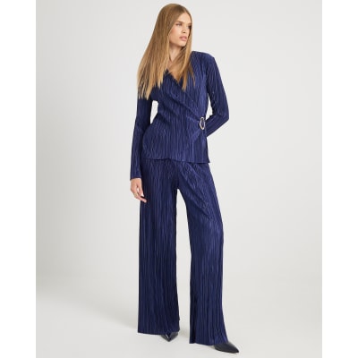 Navy Plisse Wide Leg Trousers