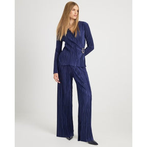 Navy Plisse Wide Leg Trousers