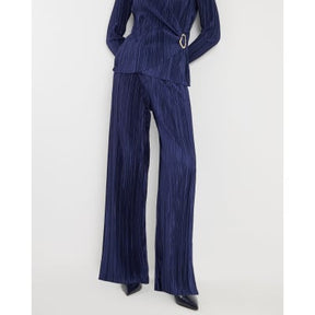 Navy Plisse Wide Leg Trousers