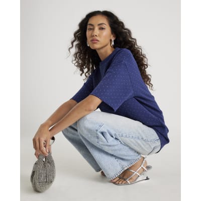 Navy Premium Short Sleeve Diamante T-shirt