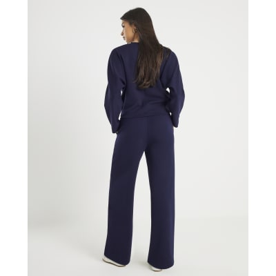 Navy Premium Wide Leg Pintuck Joggers
