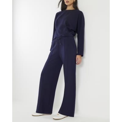 Navy Premium Wide Leg Pintuck Joggers