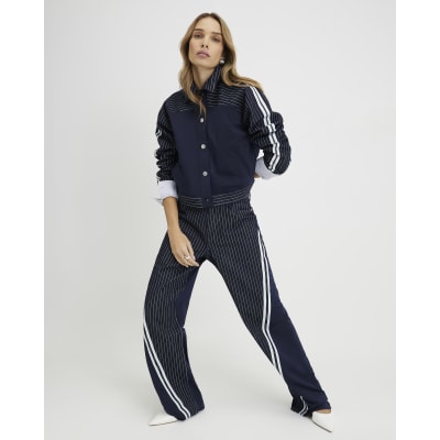 Navy Relaxed Straight Leg Stripe Hybrid Jeans