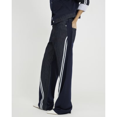 Navy Relaxed Straight Leg Stripe Hybrid Jeans