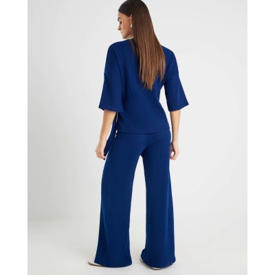 Navy Ribbed Wide Leg Trousers