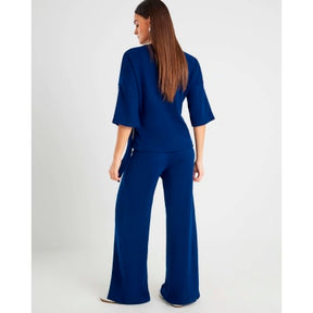 Navy Ribbed Wide Leg Trousers