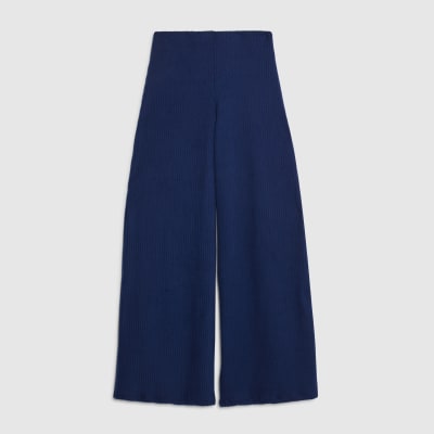 Navy Ribbed Wide Leg Trousers