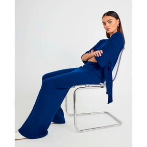 Navy Ribbed Wide Leg Trousers