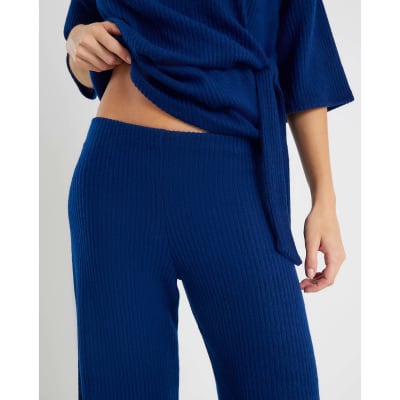 Navy Ribbed Wide Leg Trousers