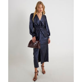 Navy Satin Long Sleeve Twist Front Midi Dress