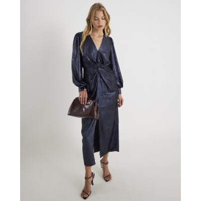 Navy Satin Long Sleeve Twist Front Midi Dress