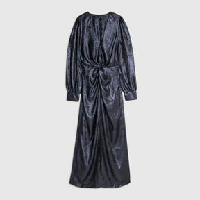 Navy Satin Long Sleeve Twist Front Midi Dress