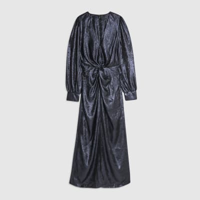 Navy Satin Long Sleeve Twist Front Midi Dress