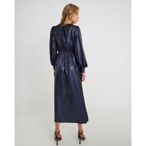Navy Satin Long Sleeve Twist Front Midi Dress