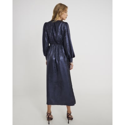 Navy Satin Long Sleeve Twist Front Midi Dress